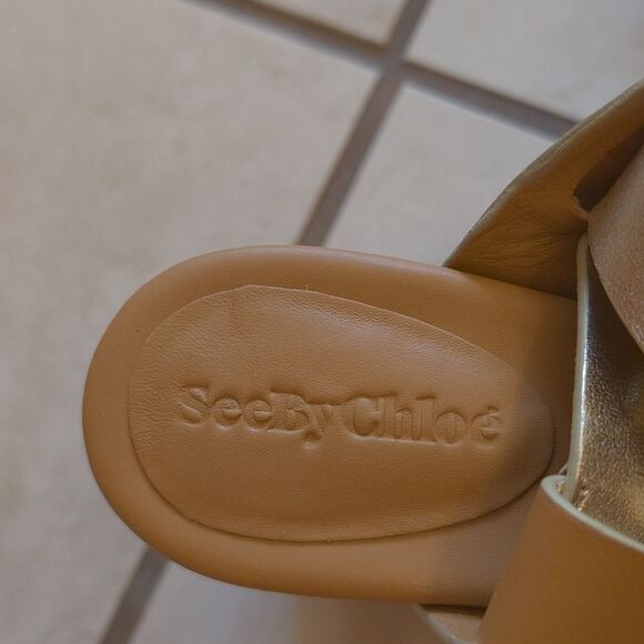 NEW See By Chloe Lamb Joline Heel Sandals Block Platform Gold FLAWED Size 9 - Picture 5 of 11
